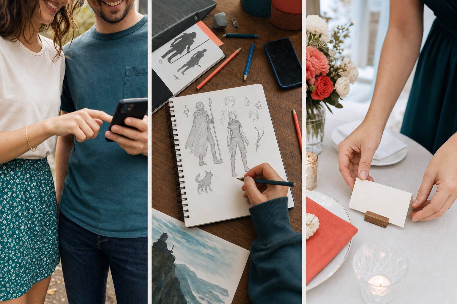 A couple choosing a name on a phone, a fandom artist sketching characters, and a wedding place card being arranged